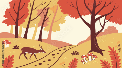 An autumnal forest illustration featuring a deer walking on a winding path, surrounded by trees with vibrant red and orange leaves and various mushrooms.