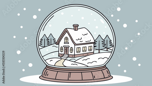 A charming illustration of a snow globe containing a cozy house in a snowy winter landscape with falling snowflakes.
