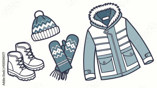 A collection of winter clothing items including a parka, hat, mittens, and boots, all in shades of blue and white.