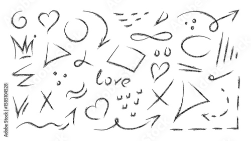 Hand drawn crayon doodle sketch elements in black chalk texture on white background. Collection includes arrows, hearts, stars, crowns, spirals, abstract symbols, and playful shapes. Perfect for