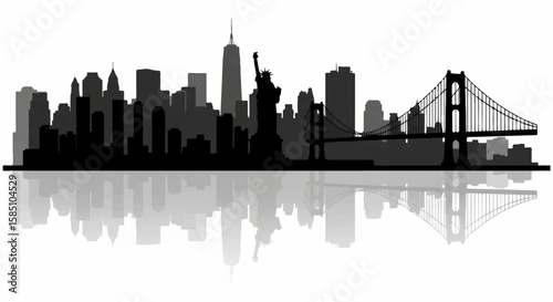 Striking vector flat illustration of the iconic New York City skyline in bold black silhouette style, beautifully mirrored below to suggest a reflective water surface.