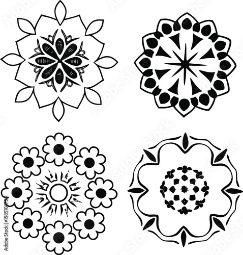 Black and White Mandala Flower Vector Set – Decorative Geometric Floral Designs