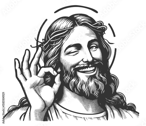Jesus Christ smiling, winking, and making an OK hand gesture with a radiant halo sketch engraving generative ai fictional character vector illustration. Scratch board imitation. Black and white image.
