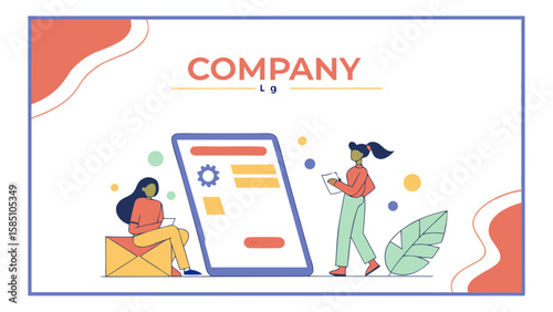 Illustration showing two women interacting with a large tablet with company branding and design elements