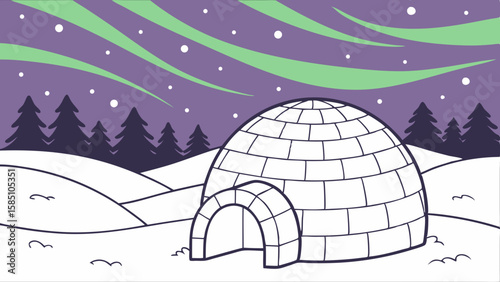 An illustration of an igloo in a snowy landscape under the aurora borealis at night.