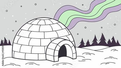 Illustration of an igloo in a snowy landscape with aurora borealis in the sky.