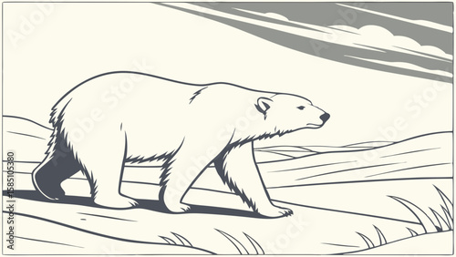 A polar bear walking across a snowy landscape.