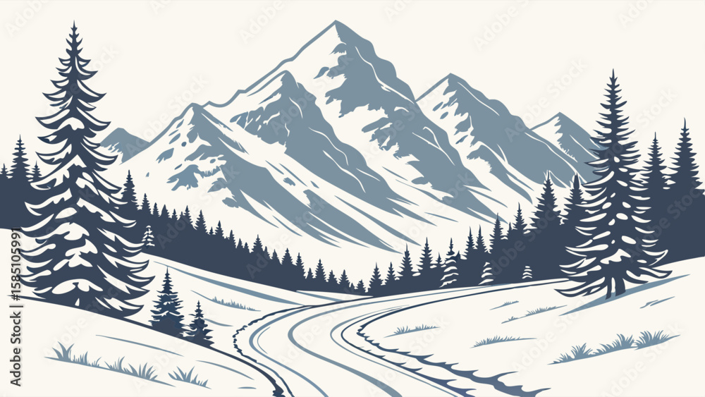 Fototapeta premium A serene winter landscape featuring snow-covered mountains, trees, and a winding path.