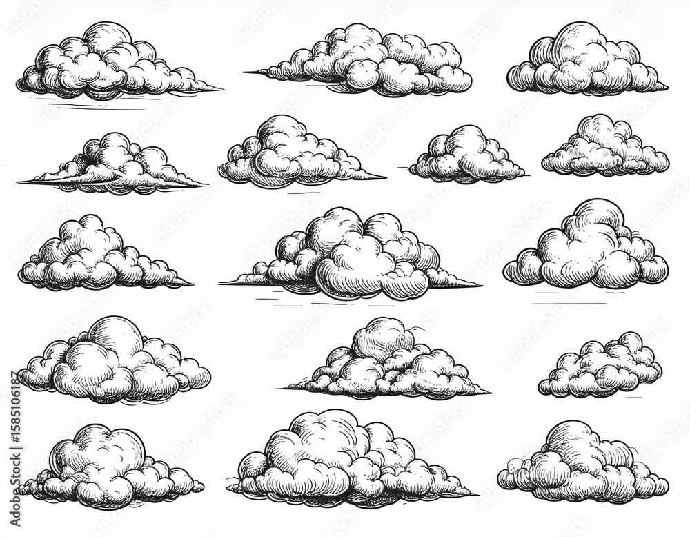 Fototapeta premium Vintage cloud sketch set for design and decoration