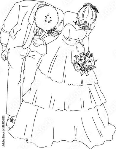 結婚式、ウェディングでお辞儀をする新郎新婦の線画イラスト