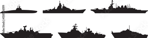 Six black silhouette naval vessels including a submarine and warships navy vector, isolated on white background, cutout, png, clipping path, transparent, image, download, 2025,2026 download