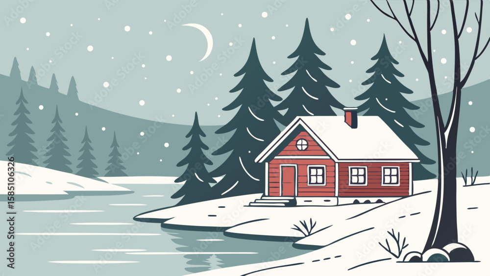 Fototapeta premium A cozy cabin in a snowy winter landscape with a lake, trees, and a crescent moon.