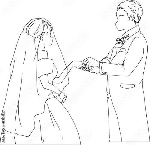シンプルな線画の指輪交換をする新郎新婦、結婚式、ウェディング
