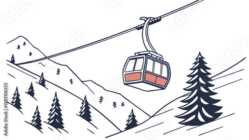 A cable car glides over snowy mountains and evergreen trees.