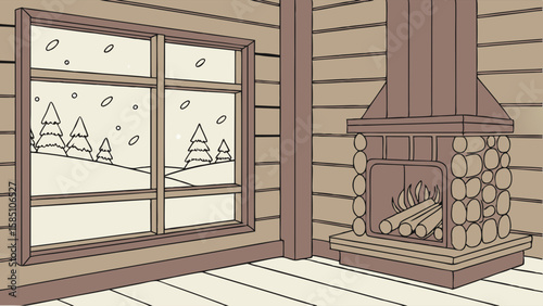 Cozy winter scene inside a log cabin with a fireplace and a snowy landscape visible through the window.
