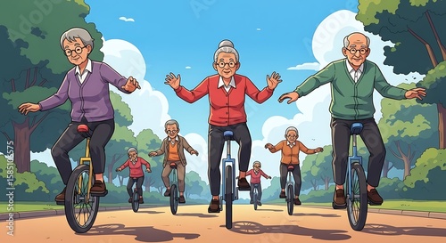 Group of Seniors Riding Unicycles in Outdoor Park