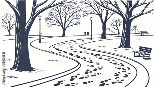Winter park scene with winding path and footprints in the snow.