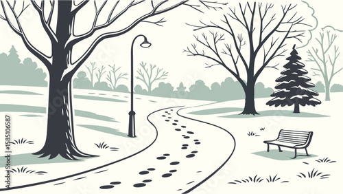 Snowy park path with footprints, trees, and bench.