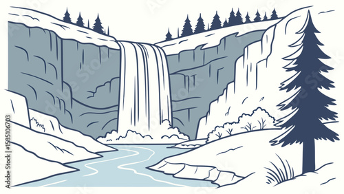 Majestic waterfall cascading down rocky cliffs into a calm river, surrounded by lush greenery and tall trees.