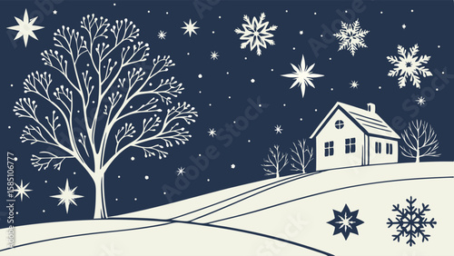 A charming winter scene with a snow-covered house, a bare tree, and falling snowflakes against a dark blue sky.