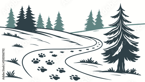 Winding path with paw prints through a snowy winter landscape with evergreen trees, an illustrative scene.