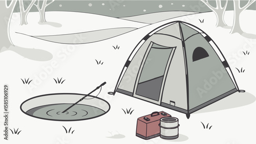 A winter scene depicting a tent set up next to an ice fishing hole with a fishing rod, cooler, and thermos in a snowy landscape.
