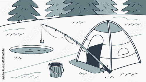 A serene outdoor scene featuring a fishing rod over a hole in the ice next to a tent.