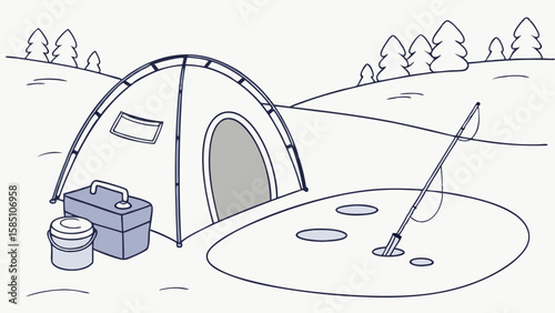 Illustration of a campsite with a tent, fishing rod, tackle box, and ice fishing holes.