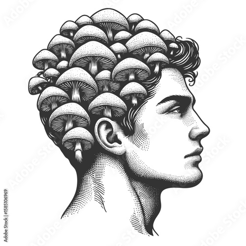 male bust with mushrooms sprouting from his hair, symbolizing nature and imagination sketch engraving generative ai fictional character vector illustration. Scratch board. Black and white image.