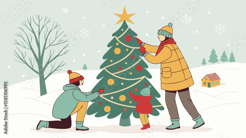 A family decorates a Christmas tree in a snowy landscape.