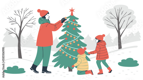 Family decorating outdoor Christmas tree together in snowy park.