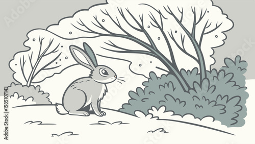A charming black and white line drawing of a wild rabbit sitting attentively in a grassy clearing next to bushes and a tree.