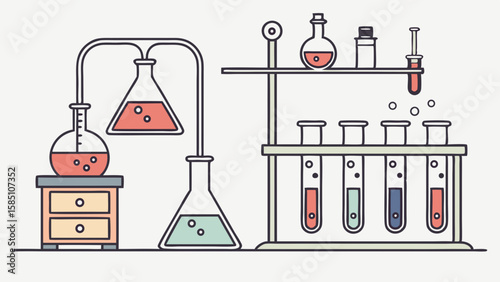 A detailed illustration of a chemistry laboratory setup with various glassware, liquids, and experimental apparatus.