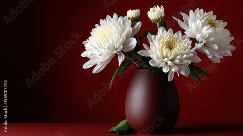 White chrysanthemum flowers arranged in a brown vase set against a vibrant red backdrop creating a striking visual contrast