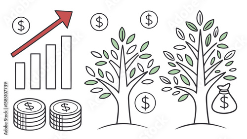 Illustration showing financial growth with upward graph, coin stacks, and money trees indicating investment success