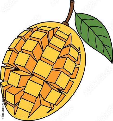 A vibrant illustration of a mango, sliced open to reveal its diced interior, alongside a green leaf.
