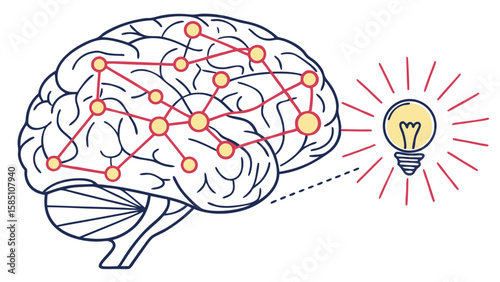 Brain network connecting to a lightbulb, representing ideas and intelligence.