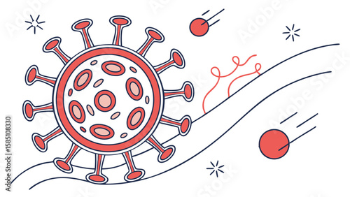 Illustration of a coronavirus with spikes and cells, representing a viral infection.