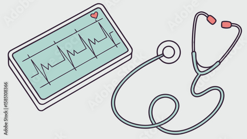 Medical equipment illustration showing an ECG machine and stethoscope.