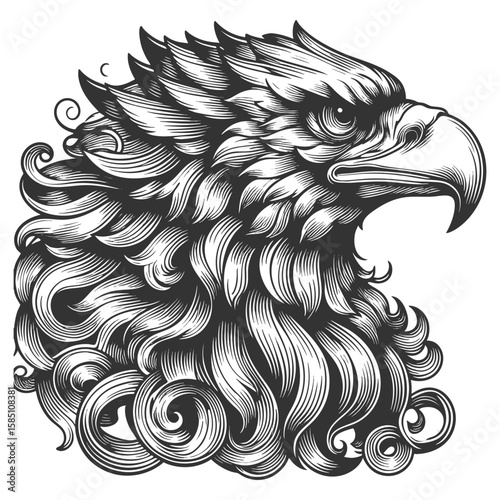 eagle head featuring dramatic, flowing feather shapes combined with bold, detailed textures sketch engraving generative ai vector illustration. Scratch board imitation. Black and white image.