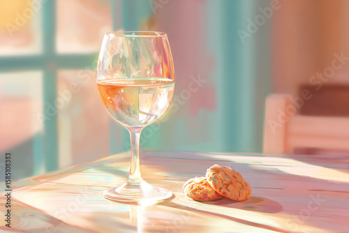 Glass of white wine half full with two cookies beside on sunlit wooden table, soft pastel colors, cozy and relaxed atmosphere, afternoon light, inviting and peaceful mood