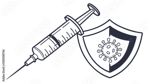 Illustration of a medical syringe next to a shield with a virus symbol, representing vaccination and immunity.