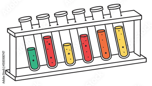 A detailed illustration of test tubes filled with colorful liquids in a rack.