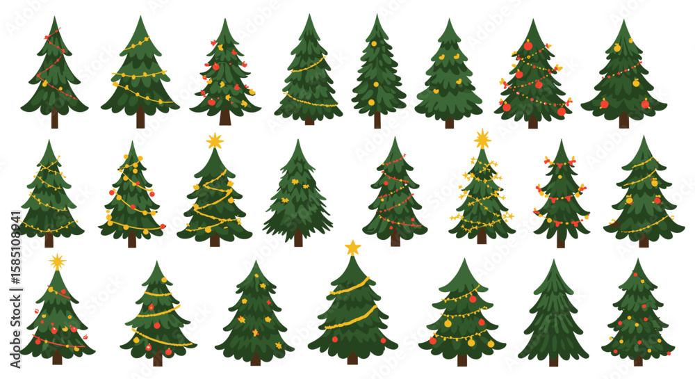Fototapeta premium Diverse christmas trees with festive ornaments and garlands on white background