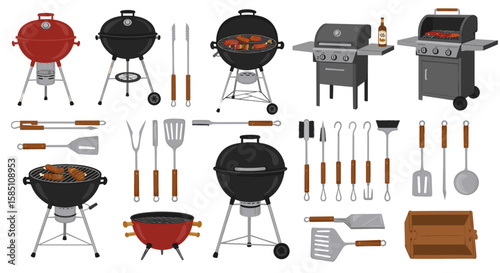 Collection of various grills and barbecue utensils in modern flat style