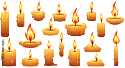 Collection of realistic burning candles with dripping wax on white background