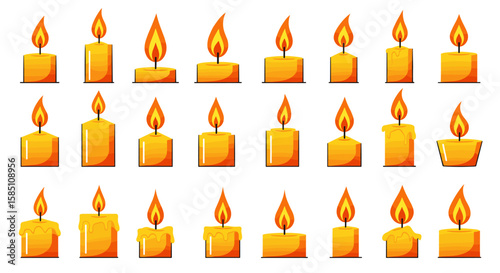 Collection of bright cartoon candles with different flames and shapes