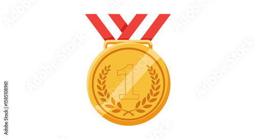 Gold medal with red ribbon and laurel wreath on white background