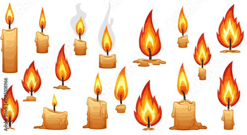 Diverse collection of burning candles and flames in cartoon style