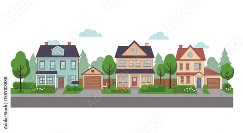 Charming suburban neighborhood with classic houses and lush greenery